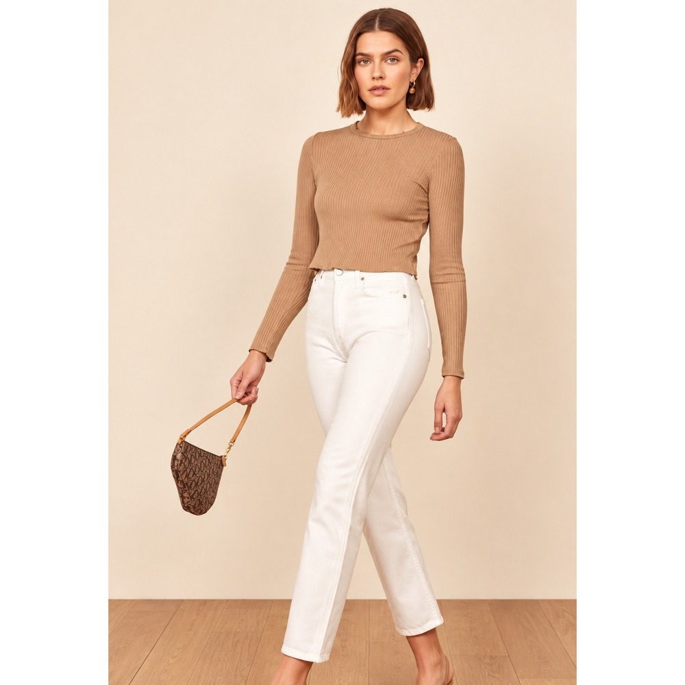 Reformation | Jackie Ribbed Long Sleeve Top in Buff Tan | Est. Sz M
